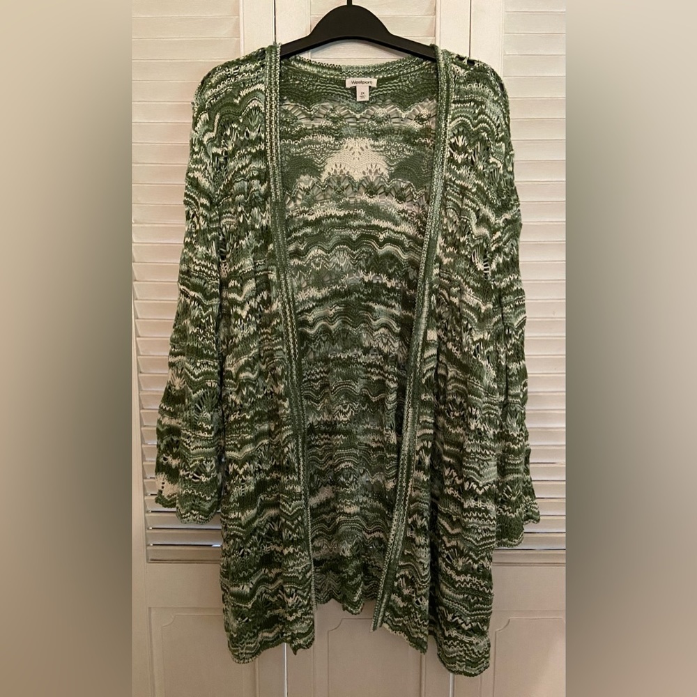 Westport Green/White Crocheted Knit Cardigan Sweater, Size 2X